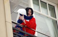 <p>The pop star earned his “Wacko Jacko” moniker when he stepped out onto the balcony of a Berlin hotel in 2002 to say hello to fans gathered below. That’d be all well and good if he didn’t use the opportunity to dangle his 9-month-old son Prince over the railing, obscuring the child’s face with a towel and holding on with just one arm. After the reckless move was widely condemned, <a href="http://www.mtv.com/news/1458799/michael-jackson-calls-baby-dangling-incident-a-terrible-mistake/" rel="nofollow noopener" target="_blank" data-ylk="slk:Jackson apologized;elm:context_link;itc:0;sec:content-canvas" class="link ">Jackson apologized</a>, calling it a “terrible mistake.” </p>