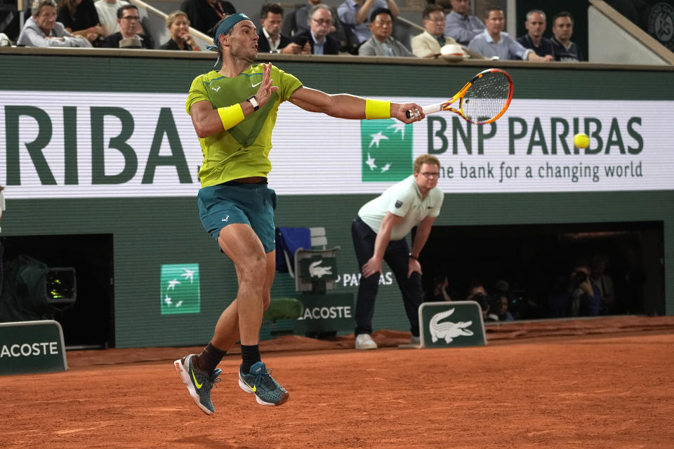 Spain's Rafael Nadal returns the ball to Germany's Alexander Zverev during their semifinal match of the French Open tennis tournament at the Roland Garros stadium Friday, June 3, 2022 in Paris. (AP Photo/Michel Euler)