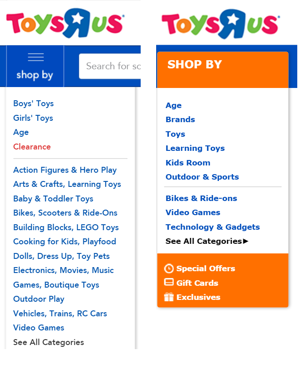 The U.S. (left) vs. U.K. (right) navigation on the Toys ‘R’ Us sites