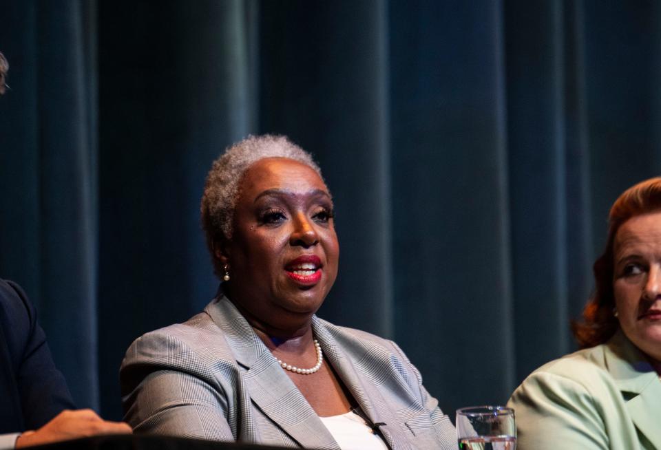 Sharon Hurt, at-large Metro Nashville Council member, answers a question during a debate for the Nashville mayoral candidates at Fisher Performing Arts Center in Nashville , Tenn., Thursday, May 18, 2023.