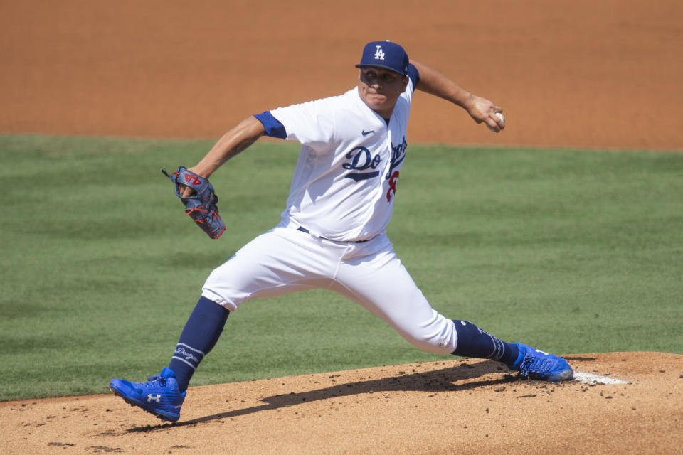 Los Angeles Dodgers starting pitcher Victor Gonzalez delivers during the first inning of a baseball game against the Los Angeles Angels in Los Angeles, Sunday, Sept. 27, 2020. (AP Photo/Kyusung Gong)