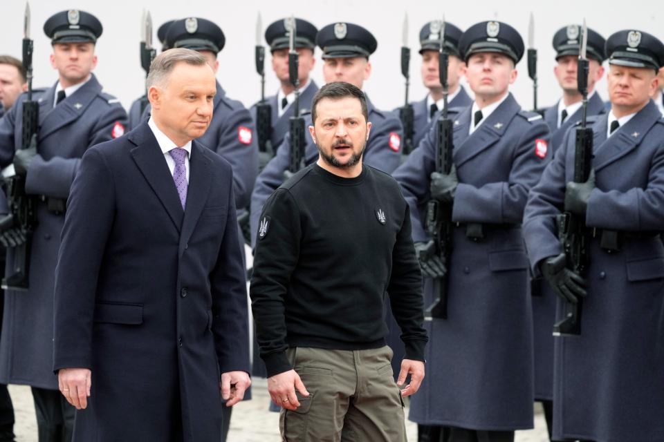 Poland's President Andrzej Duda, left, welcomes Ukrainian President Volodymyr Zelenskyy as they meet at the Presidential Palace in Warsaw, Poland (Copyright 2023 The Associated Press. All rights reserved)