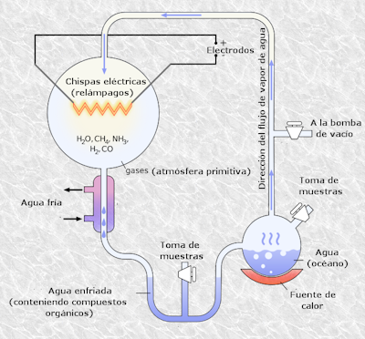 Esquema del experimento de Miller y Urey, que fue llevado a cabo en 1953. YassineMrabet. / Wikimedia Commons, <a href="http://creativecommons.org/licenses/by/4.0/" rel="nofollow noopener" target="_blank" data-ylk="slk:CC BY;elm:context_link;itc:0;sec:content-canvas" class="link ">CC BY</a>