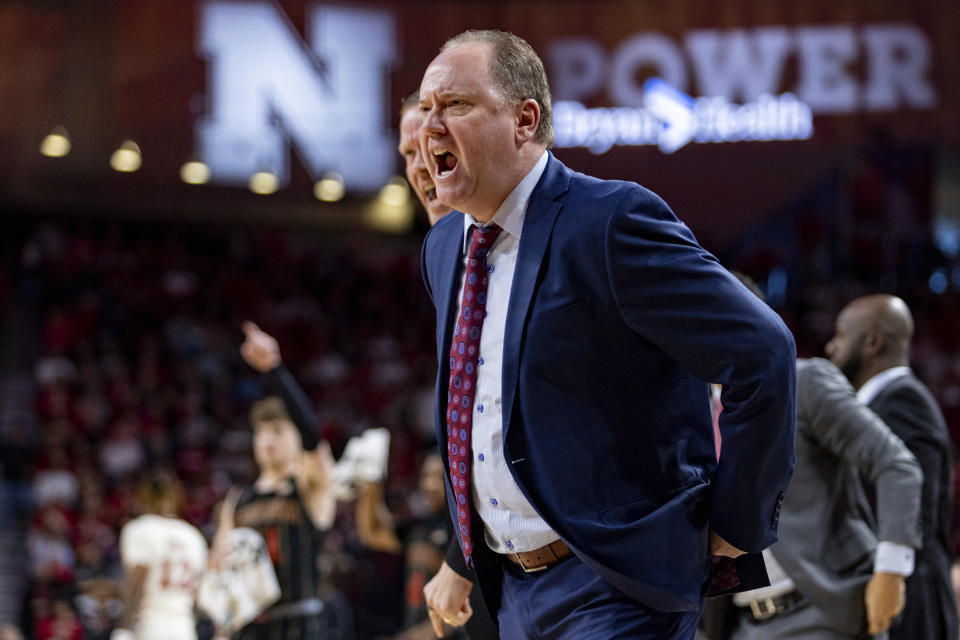 Wisconsin head coach Greg Gard reacts to a call from the referee in the first half during an NCAA college basketball game against Nebraska Saturday, Feb. 11, 2023, in Lincoln, Neb. (AP Photo/John Peterson)