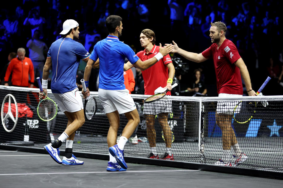 Matteo Berrettini and Novak Djokovic, pictured here shaking hands with Alex De Minaur and Jack Sock after their doubles clash at the Laver Cup.