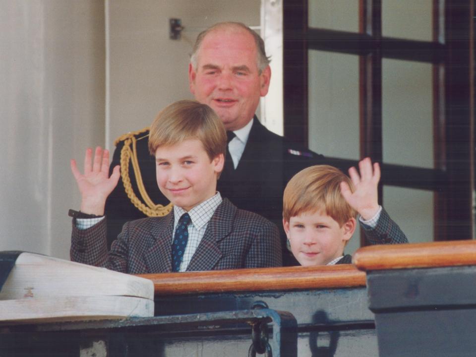 Prince William Prince Harry wave from aboard the Royal Yacht Britannia