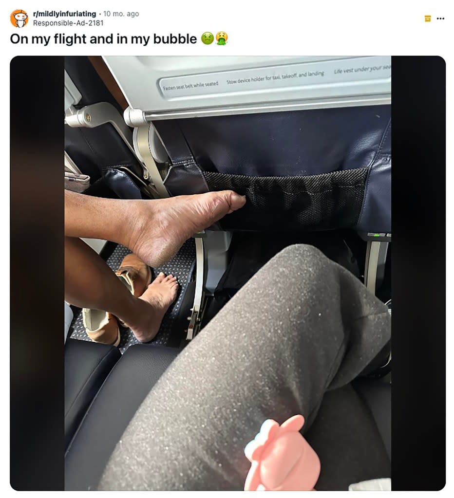 “Oh hell no. Get those crusty dusty musty toes the f–k away from me!” one perturbed user penned. Reddit / mildlyinfuriating
