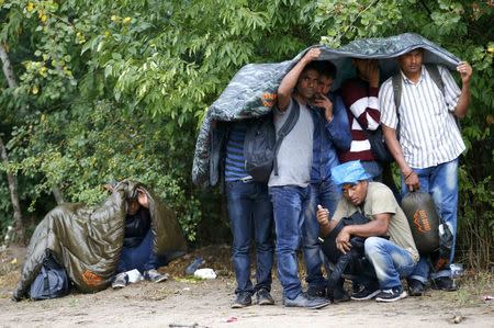 Migrants from Syria use sleeping bags to protect themselves from the rain as they rest on the side of a road after crossing the border illegally from Serbia, near Asotthalom, Hungary July 27, 2015. REUTERS/Laszlo Balogh