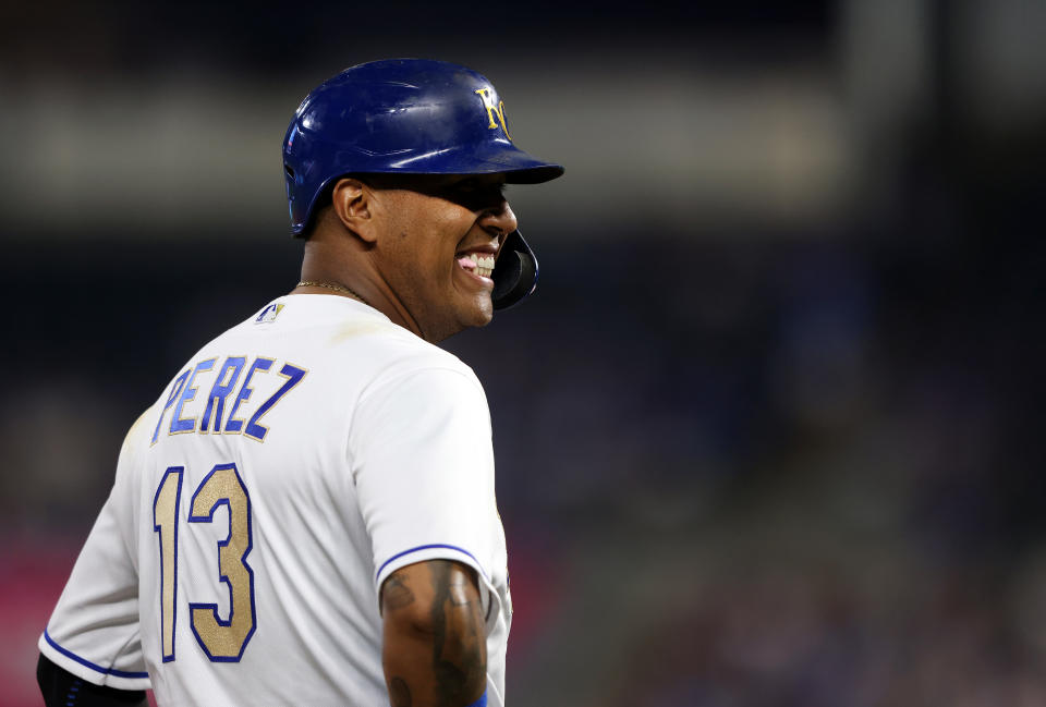 Salvador Perez #13 of the Kansas City Royals is the top fantasy catcher of 2022 drafts