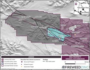 Map 2 – Oro and Sol Claims: Close up of the Oro (grey) and Sol (blue) properties showing documented prospects and advanced (drilled) prospects along strike from Macmillan Pass Fertile Corridor along the Hess fault system.