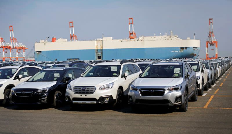 Newly manufactured cars of the automobile maker Subaru await export in a port in Yokohama