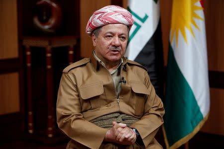 FILE PHOTO - Iraq's Kurdistan region's President Massoud Barzani speaks during an interview with Reuters in Erbil, Iraq July 6, 2017. REUTERS/Azad Lashkari