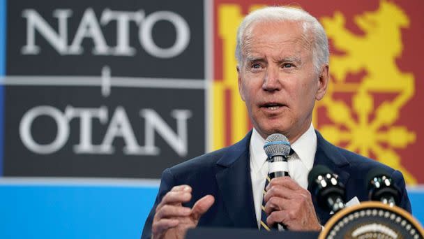 PHOTO: President Joe Biden speaks during a news conference on the final day of the NATO summit in Madrid, June 30, 2022.  (Susan Walsh/AP)