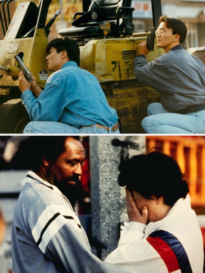 TOP: Korean storeowners defend their property as gunfire breaks out in Koreatown; BOTTOM: A Korean store owner is comforted by a Black local resident after she found her place of business looted and burned