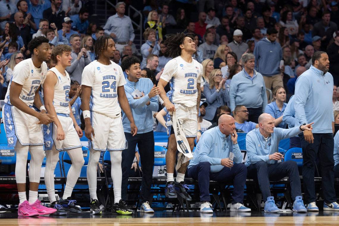 North Carolina’s Elliot Cadeau (2) reacts as the Tar Heels open a six point lead over Michigan State in the second half on Saturday, March 23, 2024, during the second round of the NCAA Tournament at Spectrum Center in Charlotte, N.C.