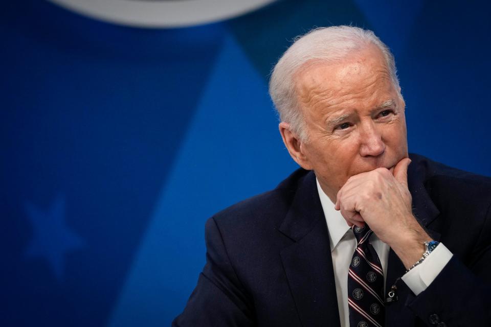 President Joe Biden participates in a virtual meeting about mineral supply chains and clean energy manufacturing in the South Court Auditorium of the White House complex on Feb. 22.