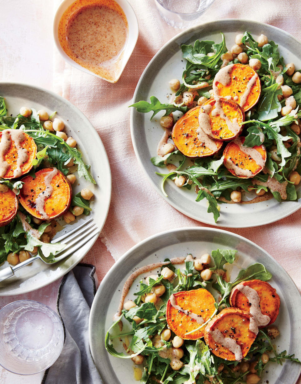 Sweet Potato Medallions with Almond Sauce and Chickpea Salad