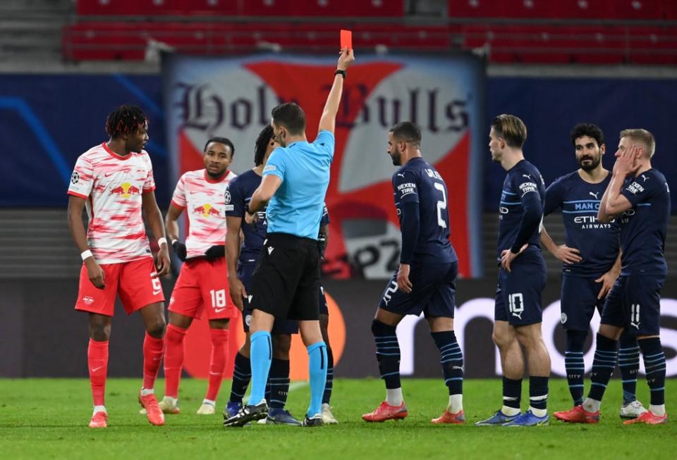 Kyle Walker was sent off as Manchester City were beaten at Leipzig (DPA via PA Wire) (PA Media)