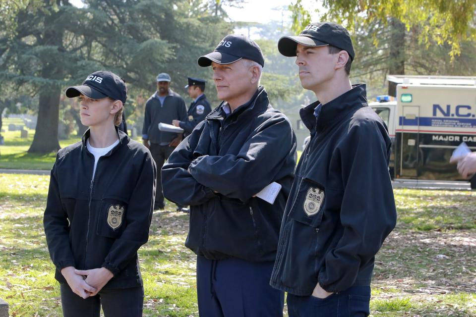 NCIS "Return to Sender" Season 13, Episode 21 Air Date: April 19, 2016 Pictured left to right: Emily Wickersham as Eleanor Bishop, Mark Harmon as Leroy Jethro Gibbs and Sean Murray as Timothy