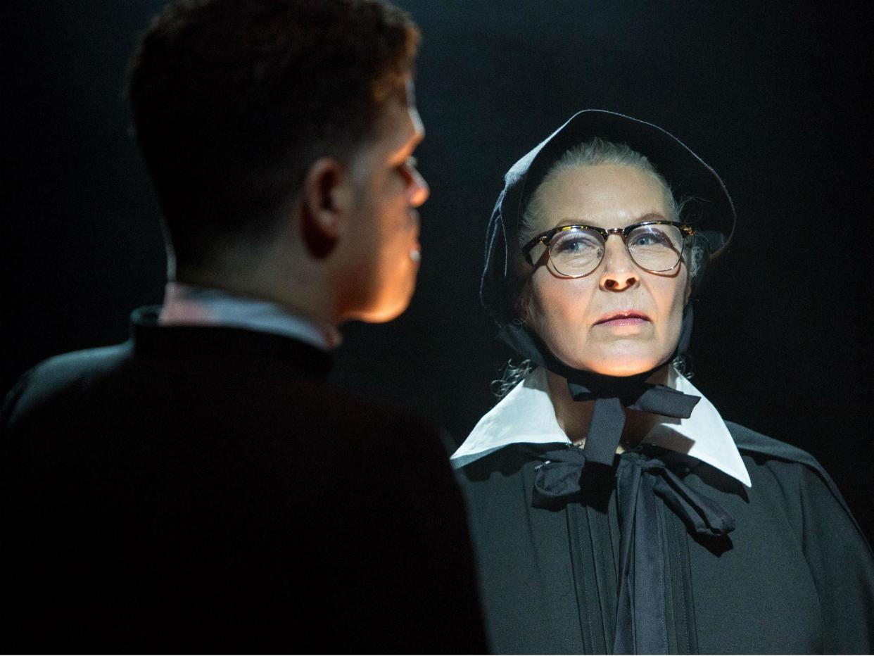 Jonathan Chambers as Father Brendan Flynn and Stella Gonet as Sister Aloysius in 'Doubt, A Parable' at Southwark Playhouse: Paul Nicholas Dyke