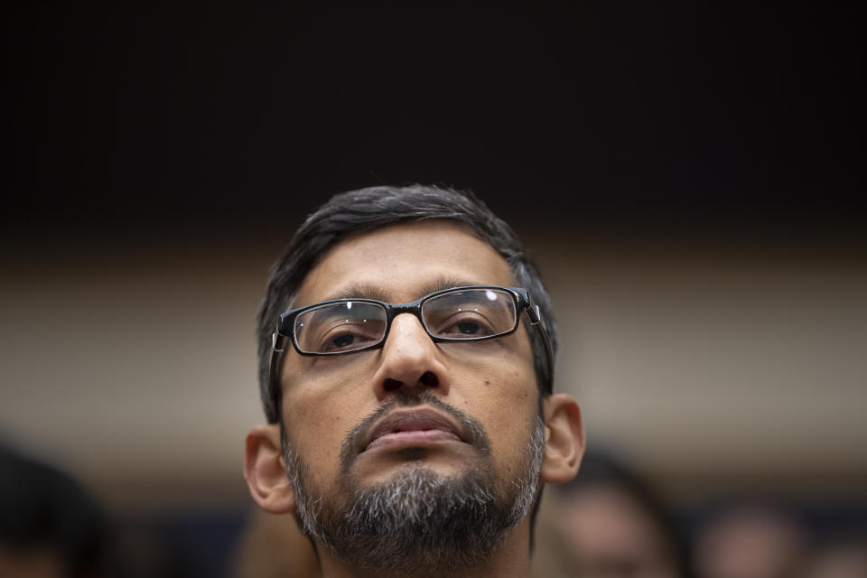 Google CEO Sundar Pichai appears before the House Judiciary Committee to be questioned about the internet giant's privacy security and data collection, on Capitol Hill in Washington, Tuesday, Dec. 11, 2018. Pichai angered members of a Senate panel in September by declining their invitation to testify about foreign governments' manipulation of online services to sway U.S. political elections. (AP Photo/J. Scott Applewhite)