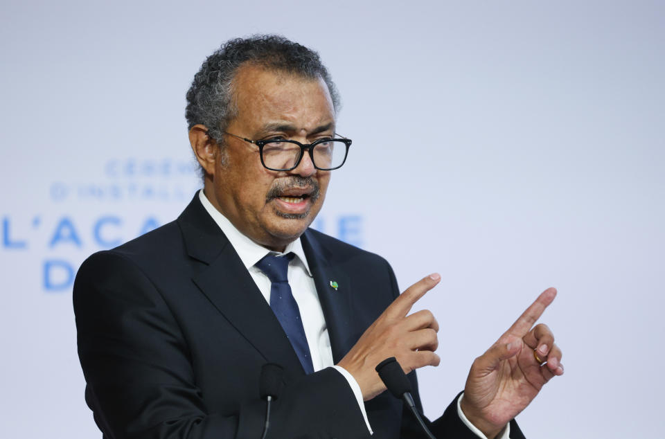 WHO Director-General Tedros Adhanom Ghebreyesus speaks during the opening of the World Health Organisation Academy in Lyon, central France, Monday, Sept. 27, 2021. (Denis Balibouse/Pool Photo via AP)