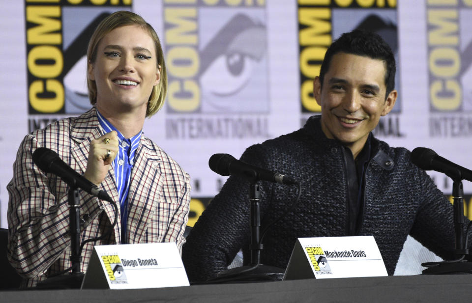 Mackenzie Davis, left, and Gabriel Luna participate in the "Terminator: Dark Fate" panel on day one of Comic-Con International on Thursday, July 18, 2019, in San Diego. (Photo by Chris Pizzello/Invision/AP)