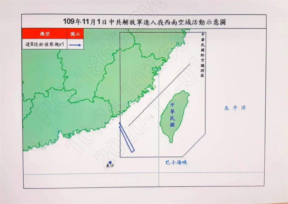 11月1日中國1架「運8技術偵察機」進入我西南防空識別區，空軍派出空中巡邏兵力應對，並以廣播驅離、防空飛彈追監。（圖／國防部提供）