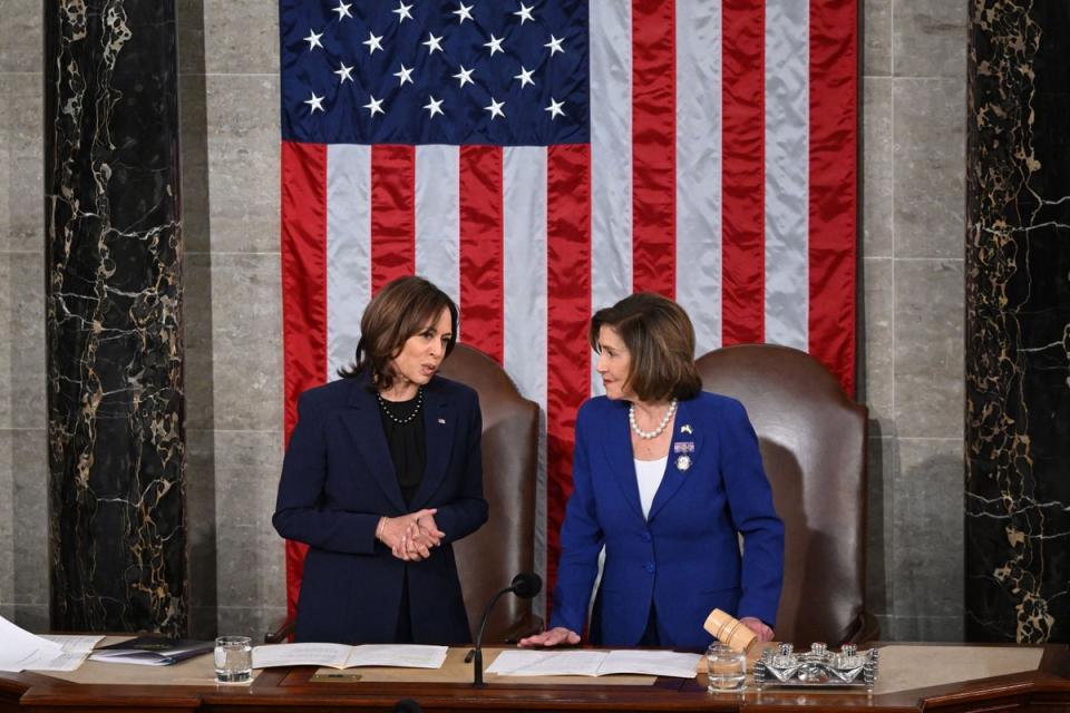 Pelosi, right, reportedly argued for an open convention to help strengthen Harris as the Democratic candidate if Biden leaves the race (AFP)