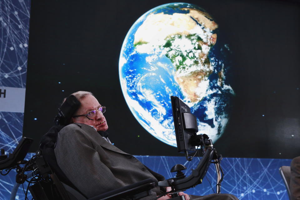 At age 74, Stephen Hawking sits onstage during an announcement of the Breakthrough Starshot initiative with investor Yuri Milner in New York on April 12, 2016. (Photo: Lucas Jackson/Reuters)