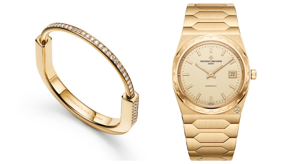 Tiffany's yellow gold, diamond set Lock bracelet retails for $32,000; Vacheron Constantin's Historiques 222 goes for $69,000.