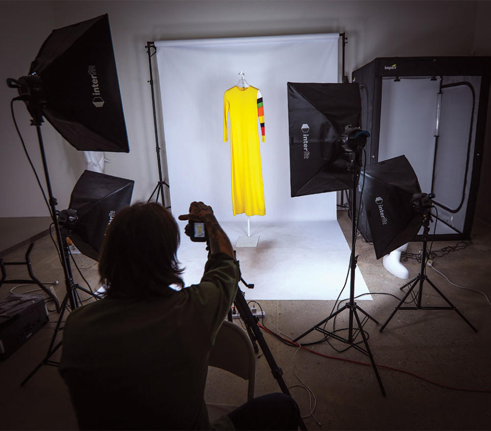 A dress being photographed as part of The Wardrobe’s accessioning process.