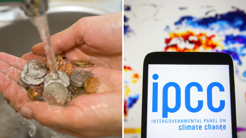 Image of coins being washed under a tap, IPCC climate change report