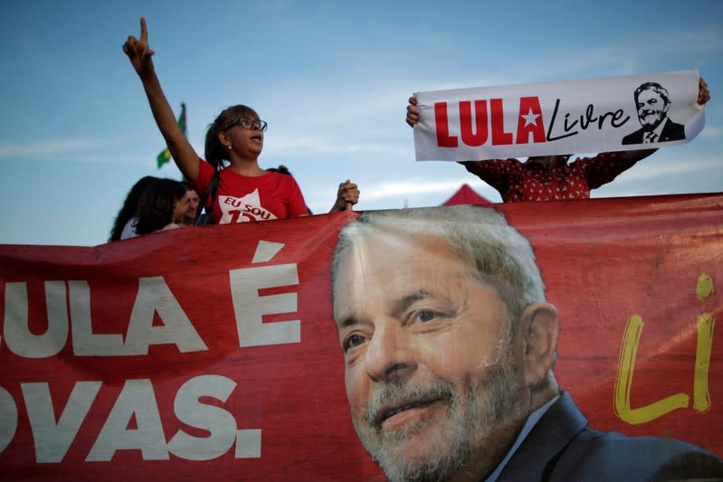 Supporters of Brazil's former president Luiz Inacio Lula da Silva protest outside the Supreme Federal Court in Brasilia