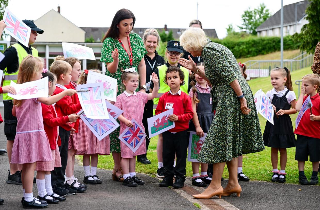 Camilla, Duchess of Cornwall arrives at Millbrook Primary School on July 06, 2022 in Newport, Wales