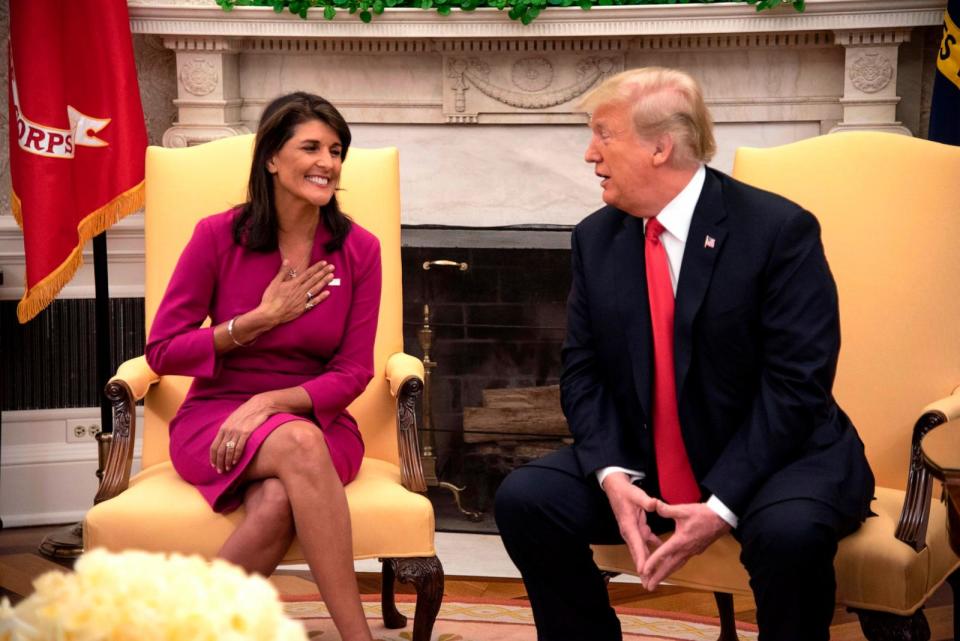 PHOTO: In this Oct. 9, 2018, file photo, Nikki Haley, United States Ambassador to the United Nations, smiles at President Donald Trump in the Oval Office of the White House, in Washington, D.C. (The Washington Post via Getty Images, FILE)