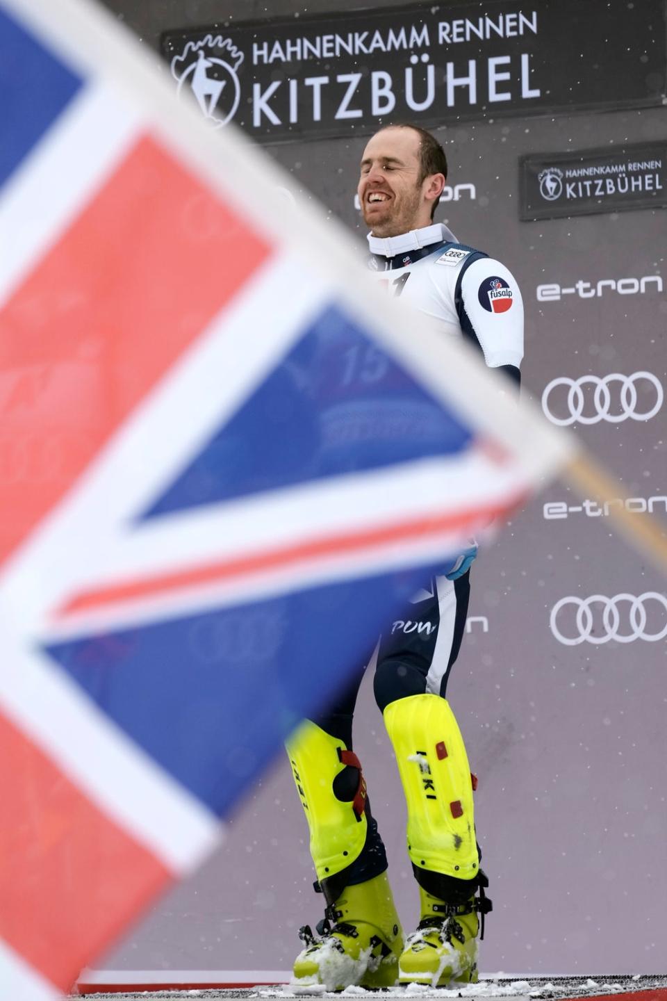 Britain’s Dave Ryding celebrates winning an alpine ski, men’s World Cup slalom, in Kitzbuehel, Austria (Giovanni Auletta/AP) (AP)