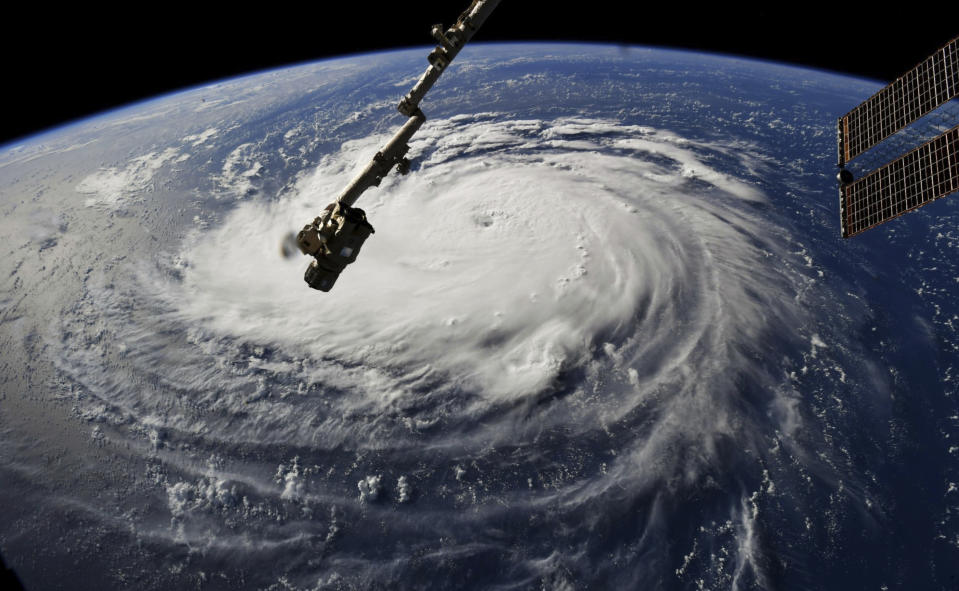 <p>This photo provided by NASA shows Hurricane Florence from the International Space Station on Monday, Sept. 10, 2018, as it threatens the U.S. East Coast. Forecasters said Florence could become an extremely dangerous major hurricane sometime Monday and remain that way for days. (NASA via AP) </p>