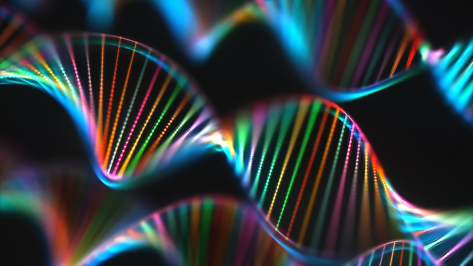 A computer illustration of rainbow-colored DNA molecules