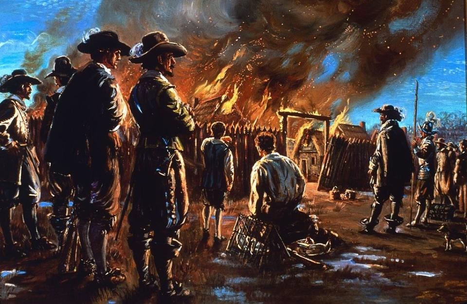 An illustration of men looking on at a burning building