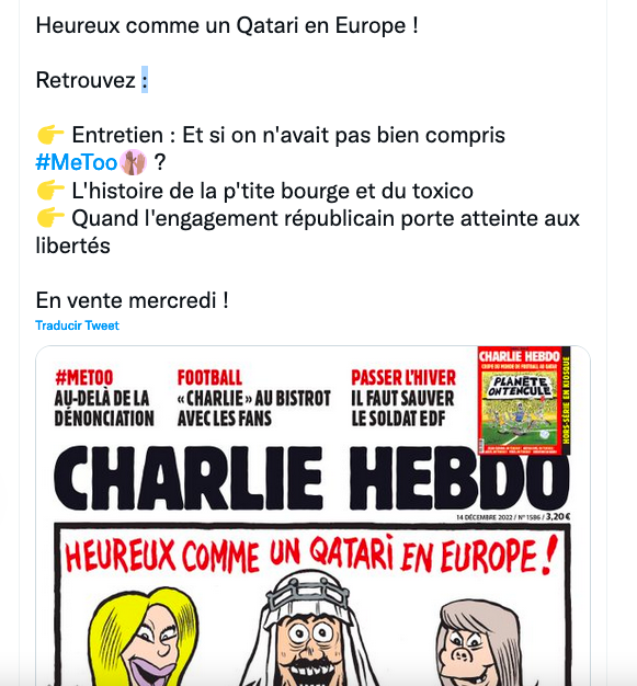 “¡Feliz como un qatarí en Europa!”, la portada de Charlie Hebdo sobre el 'Catargate'. (Foto: Captura de Twitter / @Charlie_Hebdo_)