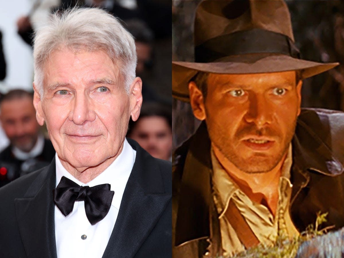 Harrison Ford attends the "Indiana Jones And The Dial Of Destiny" red carpet during the 76th annual Cannes film festival at Palais des Festivals on May 18, 2023, and as Indiana Jones in "Raiders of the Lost Ark."