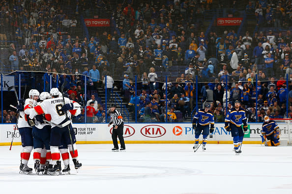 ST. LOUIS, MO – FEBRUARY 20: Members of the Florida Panthers celebrate after scoring the game-winning goal against the St. Louis Blues with 4.6 seconds left in the game at the Scottrade Center on February 20, 2017 in St. Louis, Missouri. (Photo by Dilip Vishwanat/NHLI via Getty Images)