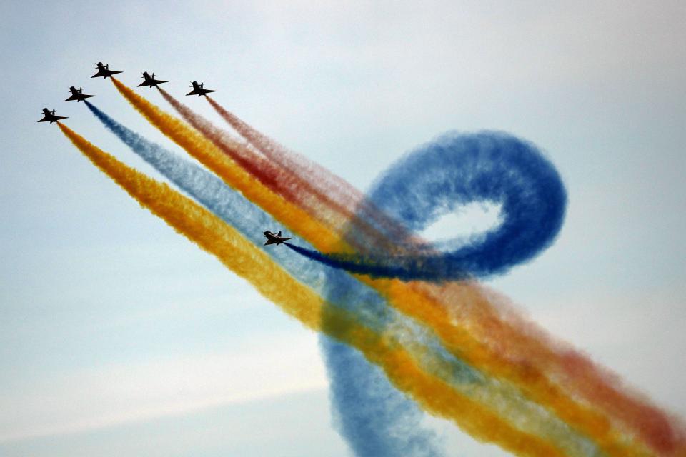 Frecce Tricolori (Tricolor Arrows), the Italian Air Force aerobatic display team, perform during the opening day of the Dubai Air Show, United Arab Emirates, Monday, Nov. 13, 2023. (AP Photo/Kamran Jebreili)