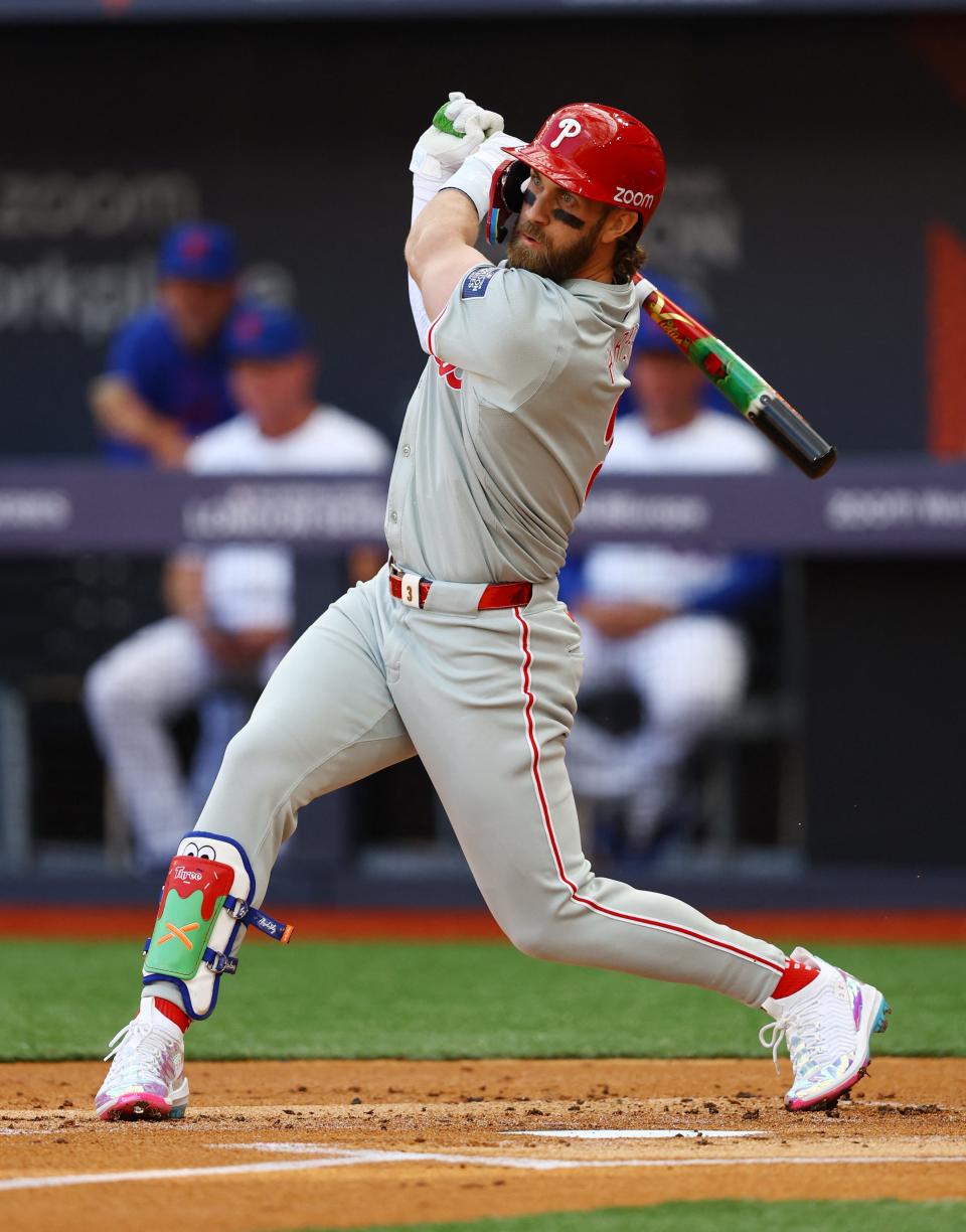 Philadelphia Phillies' Bryce Harper bats on June 8, 2023, in London, Britain.