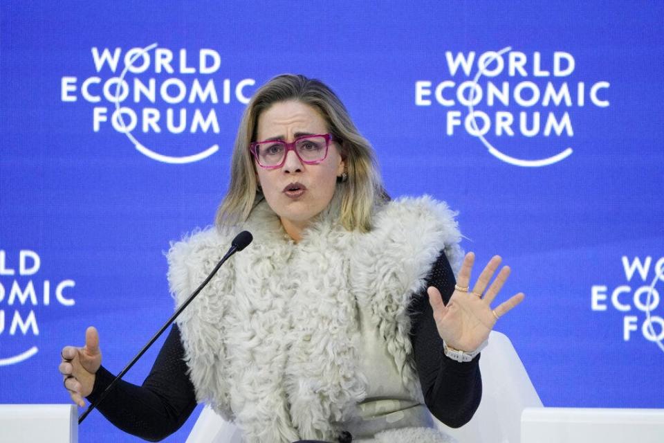 Sen. Kyrsten Sinema, I-Ariz., speaks on a panel at the World Economic Forum in Davos, Switzerland, on Jan. 17, 2023.