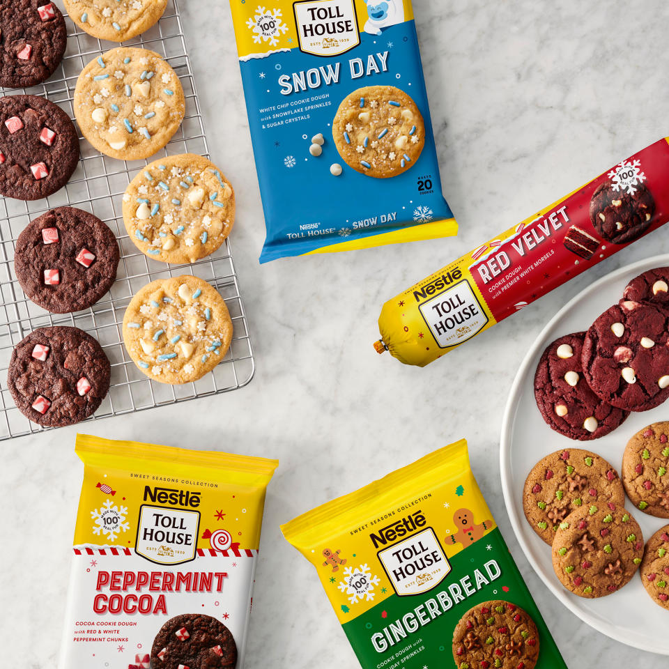 <p>The new Nestlé <a href="https://www.nestle.com/brands/allbrands/toll-house" rel="nofollow noopener" target="_blank" data-ylk="slk:holiday cookie dough flavors;elm:context_link;itc:0;sec:content-canvas" class="link ">holiday cookie dough flavors</a> might not make it to a plate for Santa Claus's milk and cookies. With a selection of Red Velvet Cookie Dough, Peppermint Cocoa Cookie Dough, Gingerbread Cookie Dough and Snow Day Cookie Dough, the baked holiday cheer is endless.</p>