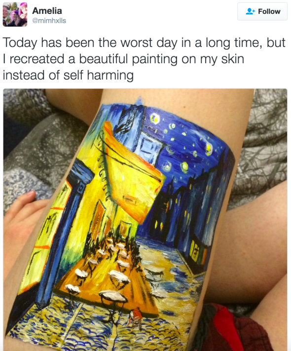 Prevention: Amelia painted on her leg after having a bad day (Twitter/@ameliahxlls)