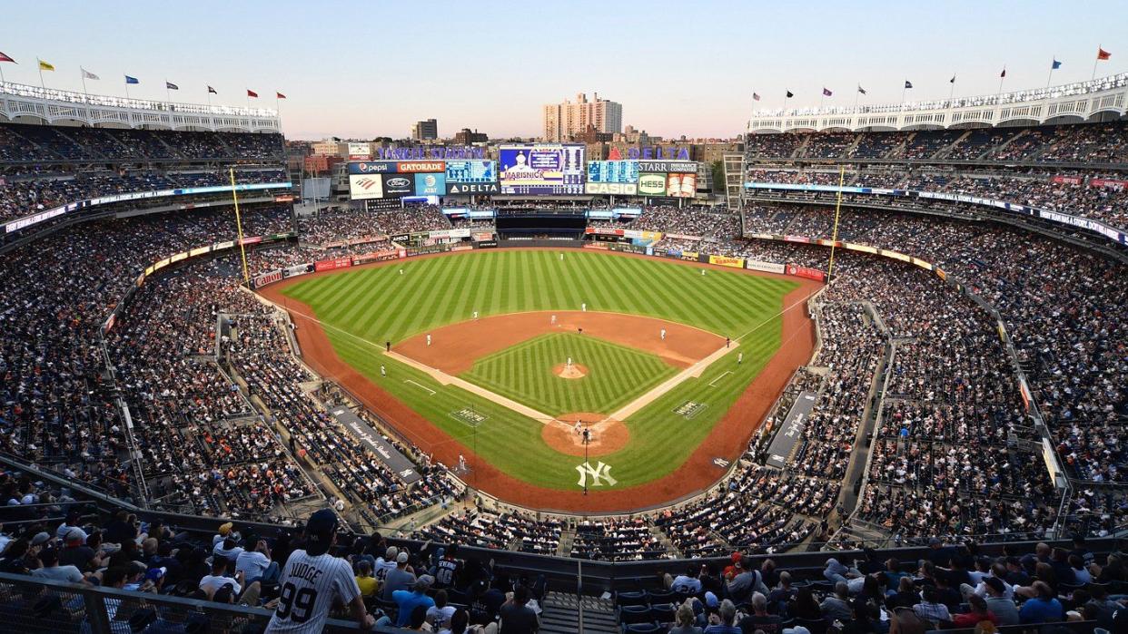 an ariel view of the field and stands at yankee stadium