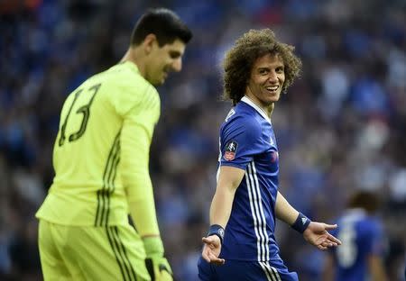 Britain Soccer Football - Tottenham Hotspur v Chelsea - FA Cup Semi Final - Wembley Stadium - 22/4/17 Chelsea's Thibaut Courtois smiles with David Luiz Reuters / Hannah McKay Livepic